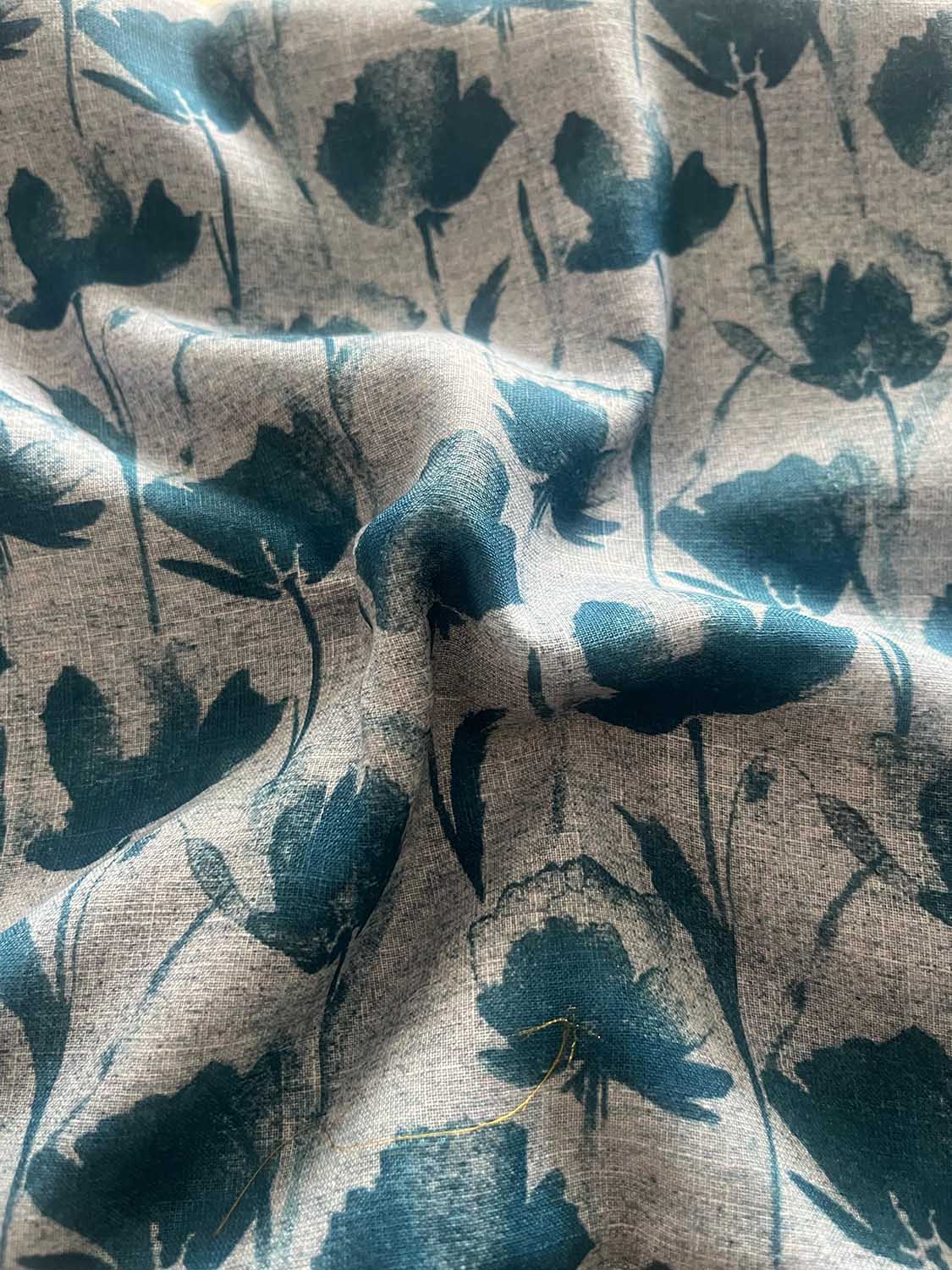 Blue Digital Printed Wrinkle Free Linen Cotton Fabric ( 1 Mtr ) - Luxurion World