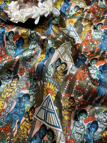 Multicolor Digital Printed Kalamkari Tussar Silk Fabric ( 1 Mtr ) - Luxurion World