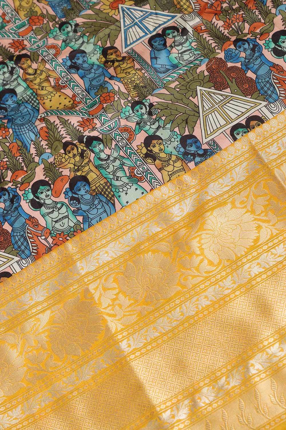 Multicolor Kalamkari Tussar Silk Digital Print Fabric With Banarasi Border - Luxurion World
