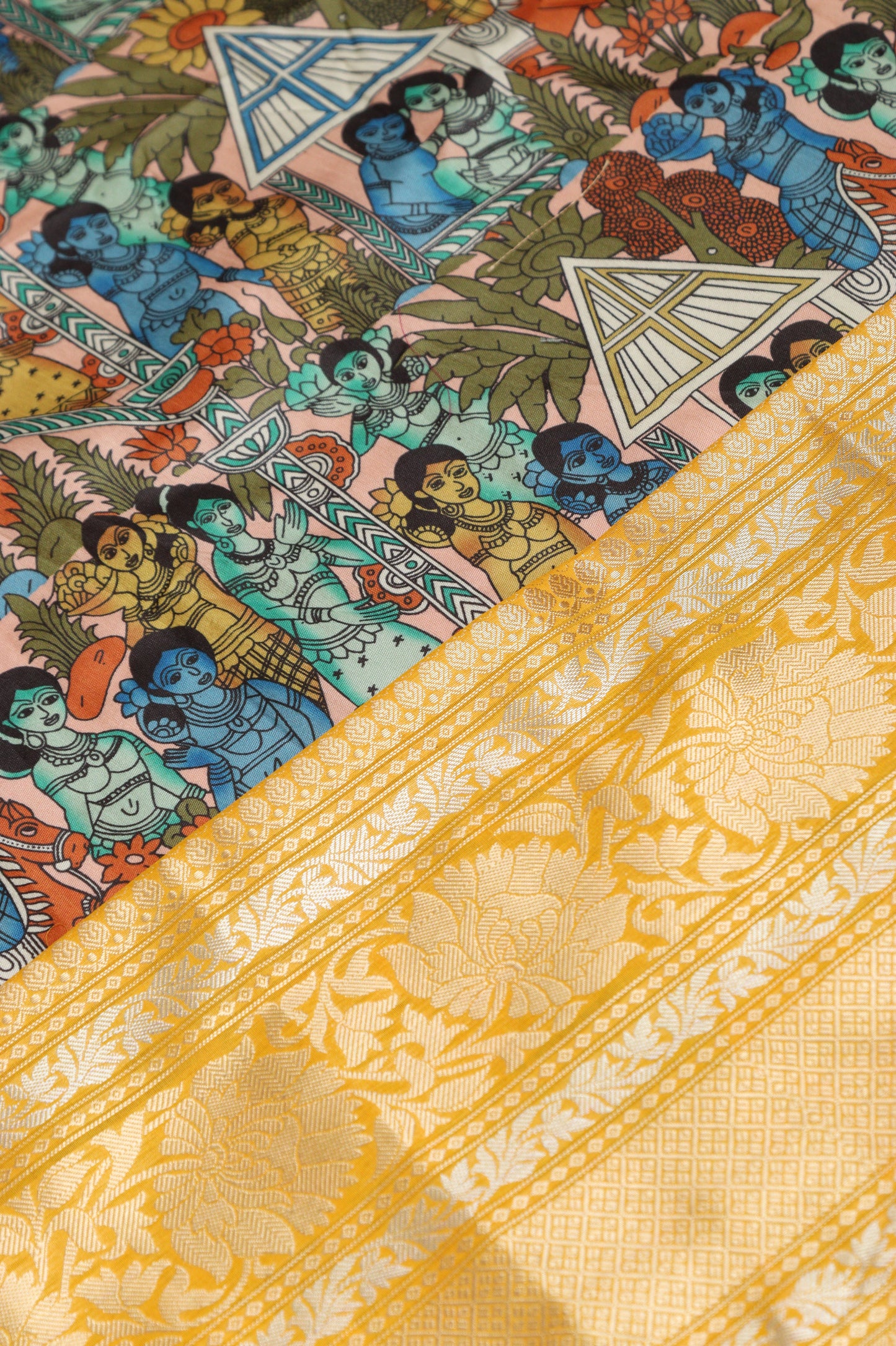 Multicolor Kalamkari Tussar Silk Digital Print Fabric With Banarasi Border