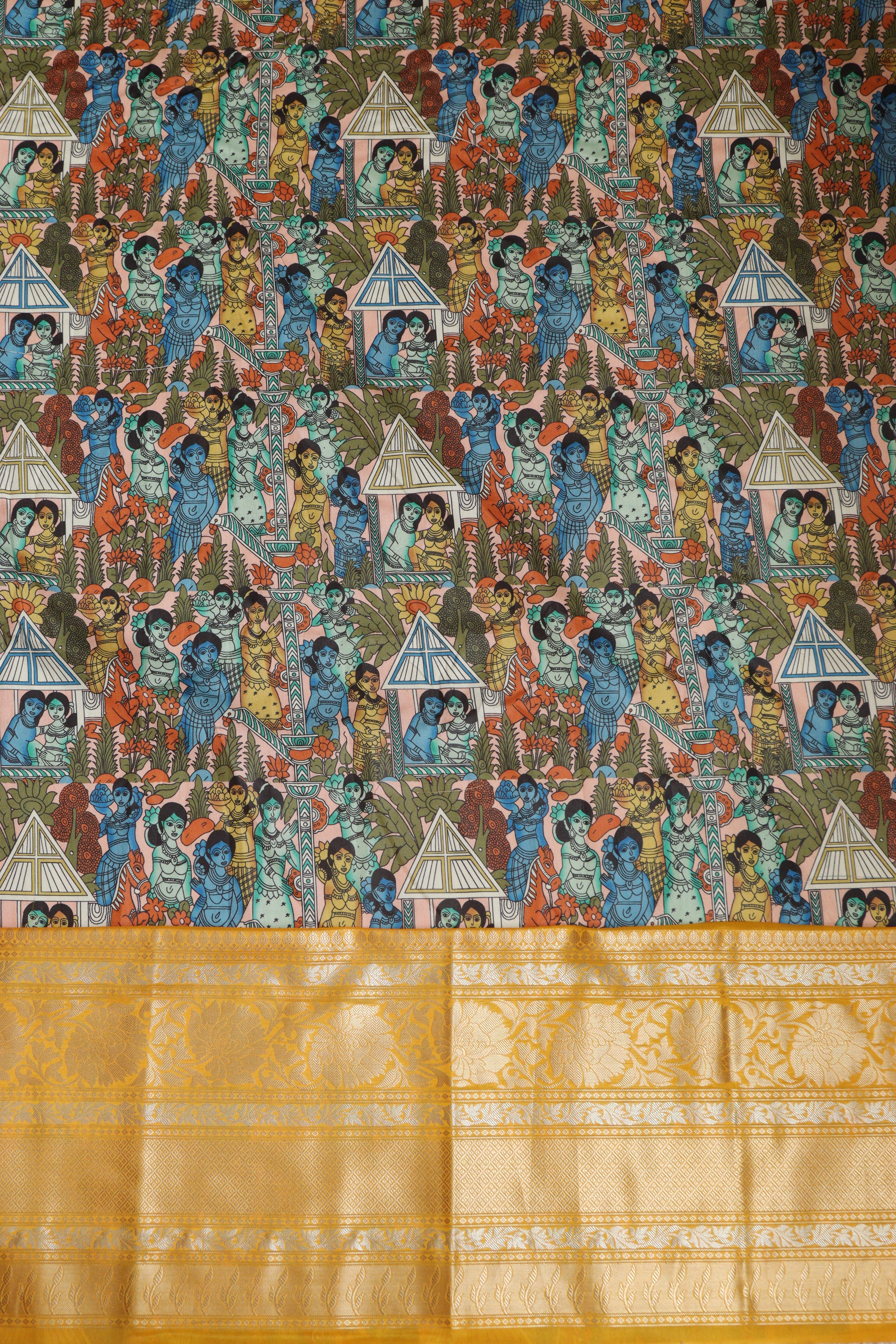 Multicolor Kalamkari Tussar Silk Digital Print Fabric With Banarasi Border - Luxurion World