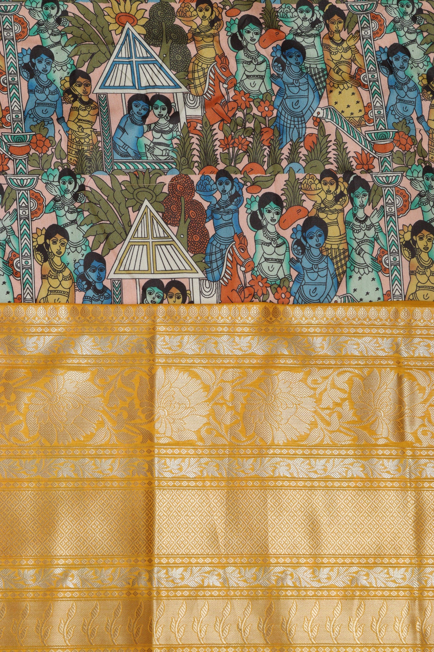Multicolor Kalamkari Tussar Silk Digital Print Fabric With Banarasi Border