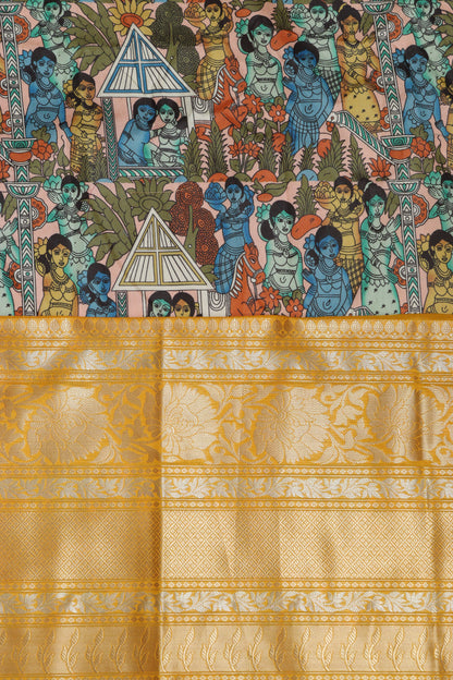 Multicolor Kalamkari Tussar Silk Digital Print Fabric With Banarasi Border