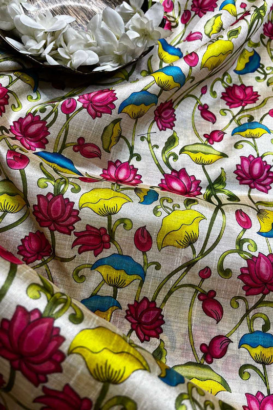 Pastel Digital Printed Kalamkari Tussar Silk Floral Design Fabric ( 1 Mtr )