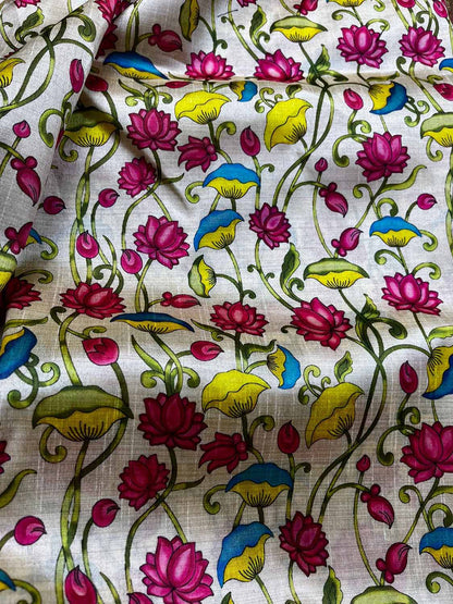 Pastel Digital Printed Kalamkari Tussar Silk Floral Design Fabric ( 1 Mtr ) - Luxurion World