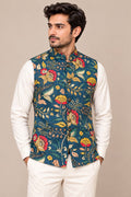Blue Digital Print Kalamkari Tussar Silk Nehru Jacket Festive