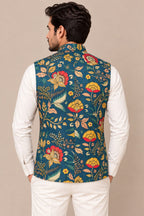 Blue Digital Print Kalamkari Tussar Silk Nehru Jacket Festive