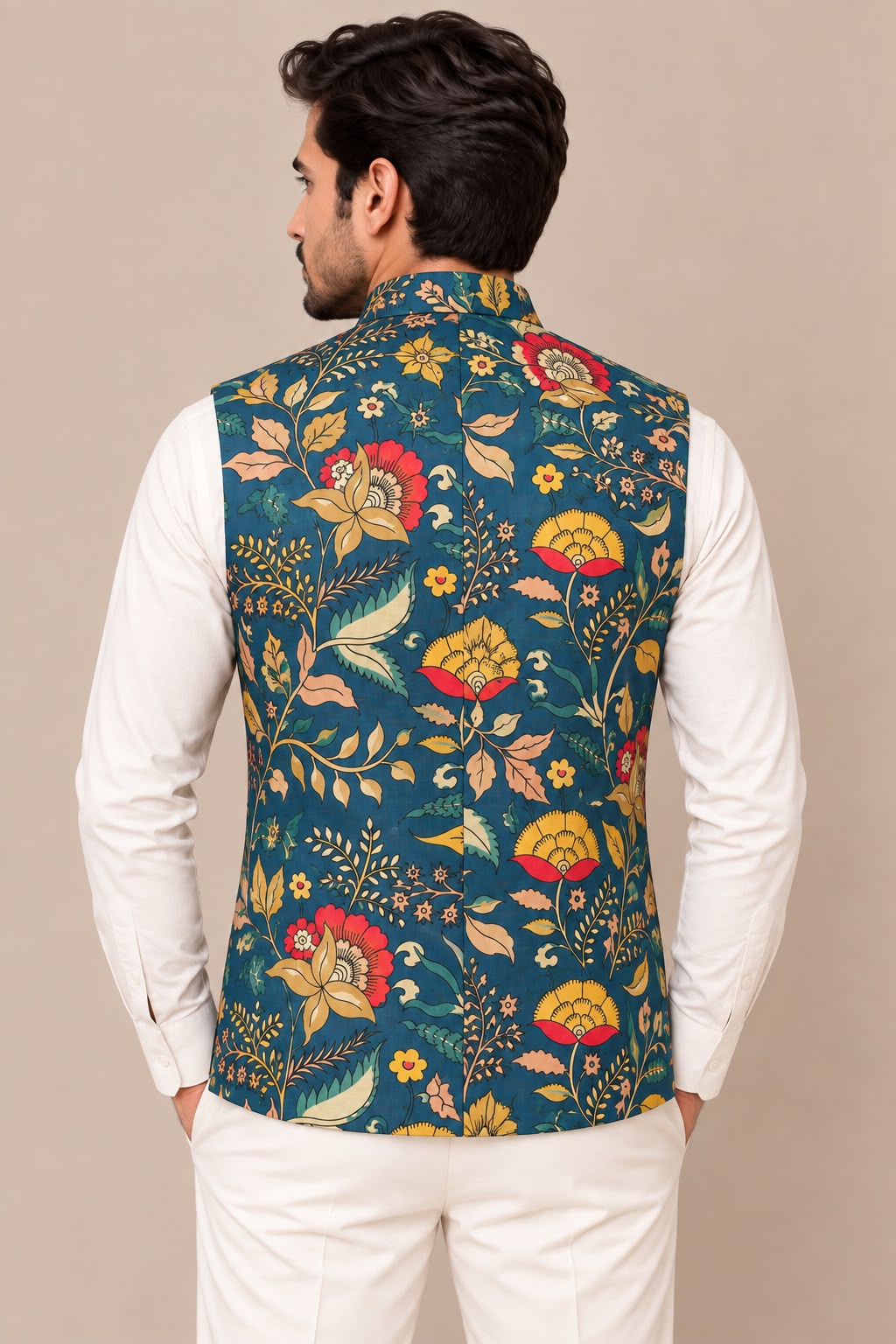 Blue Digital Print Kalamkari Tussar Silk Nehru Jacket Festive