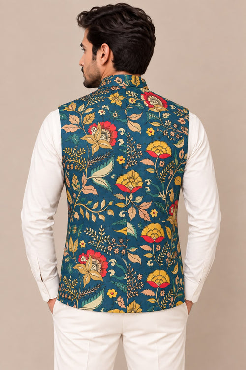 Blue Digital Printed Kalamkari Tussar Silk Nehru Jacket