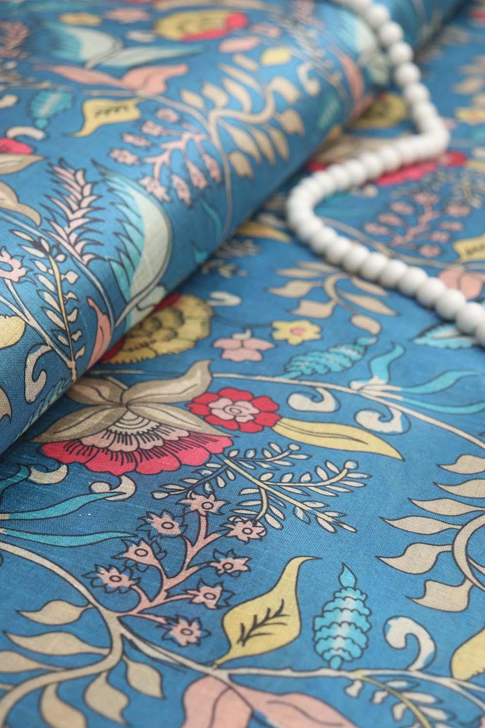 Blue Kalamkari Tussar Silk: Exquisite Digital Print ( 1 Mtr ) - Luxurion World