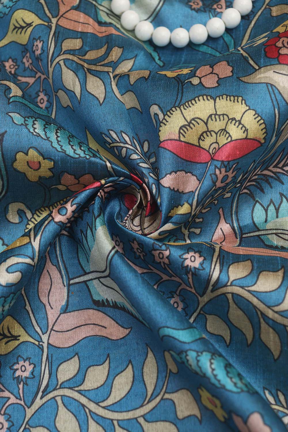 Blue Kalamkari Tussar Silk: Exquisite Digital Print ( 1 Mtr ) - Luxurion World