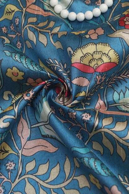 Blue Kalamkari Tussar Silk: Exquisite Digital Print ( 1 Mtr ) - Luxurion World