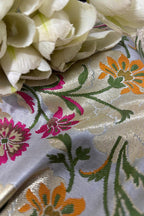 Grey Banarasi KimKhwab Silk Meenakari Fabric ( 1 Mtr ) - Luxurion World