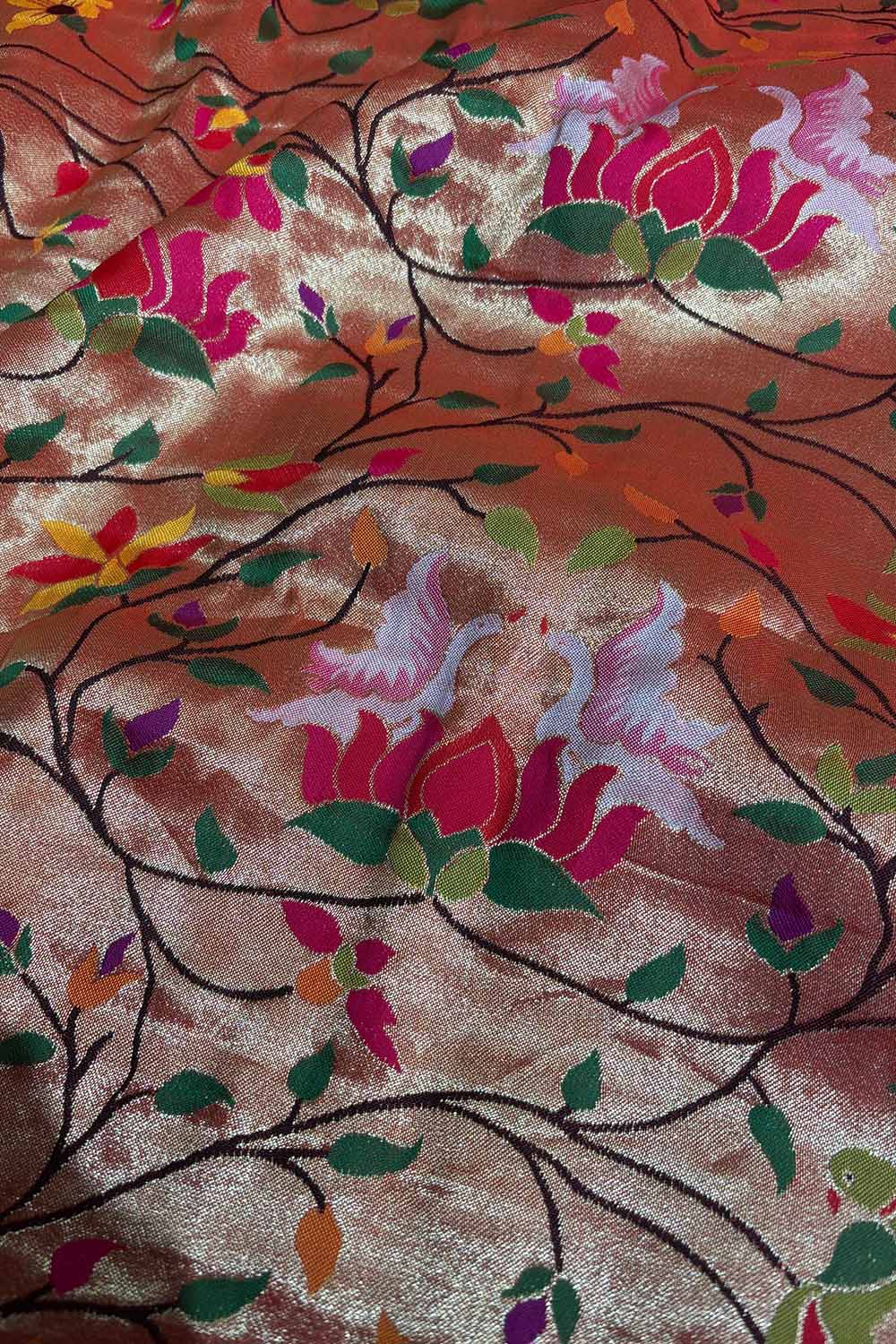 Golden Paithani Brocade Silk Flower Design Fabric ( 1 Mtr ) - Luxurion World