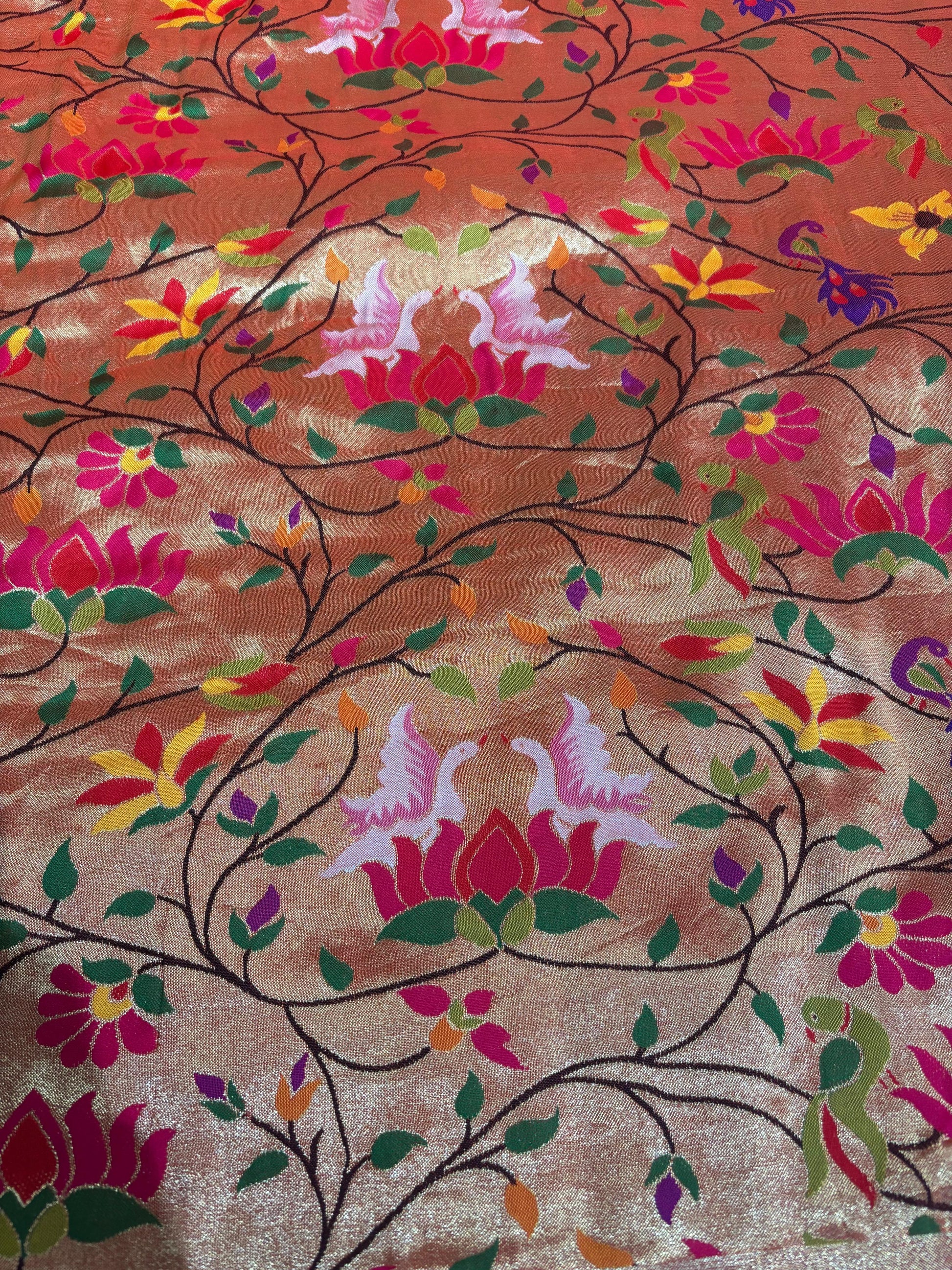Golden Paithani Brocade Silk Flower Design Fabric ( 1 Mtr ) - Luxurion World