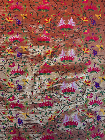 Golden Paithani Brocade Silk Flower Design Fabric ( 1 Mtr ) - Luxurion World