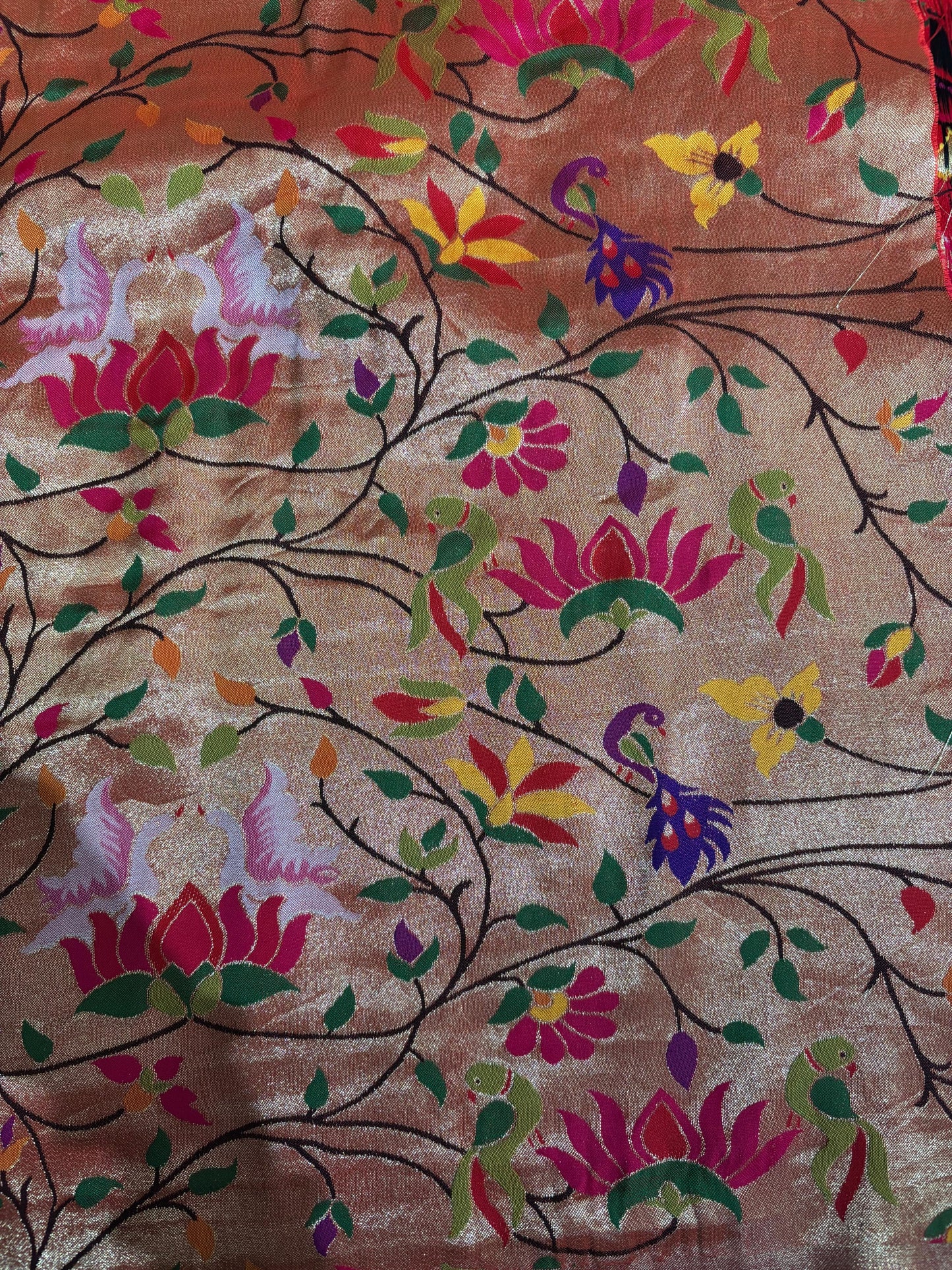Golden Paithani Brocade Silk Flower Design Fabric ( 1 Mtr ) - Luxurion World