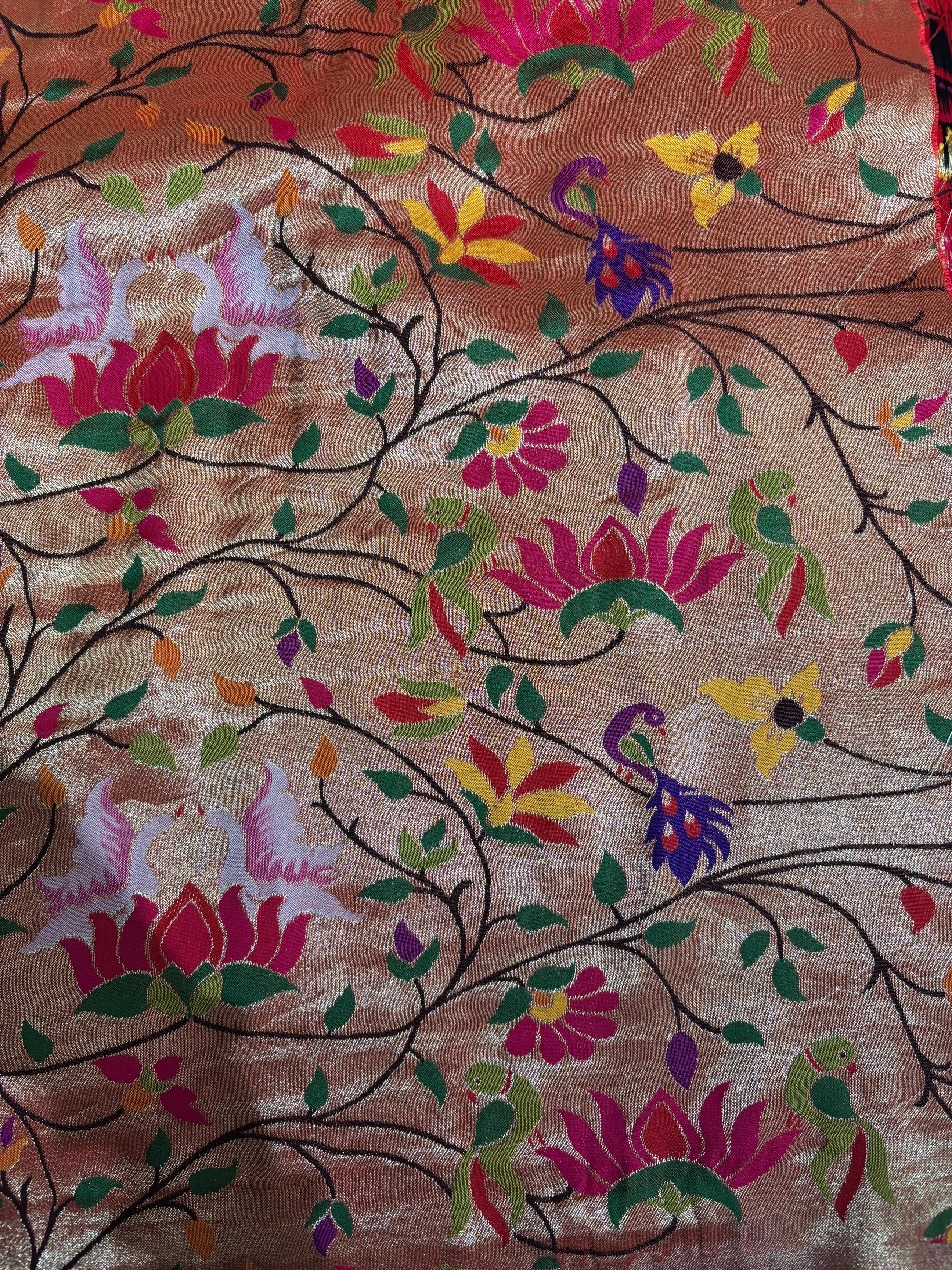 Golden Paithani Brocade Silk Flower Design Fabric ( 1 Mtr ) - Luxurion World