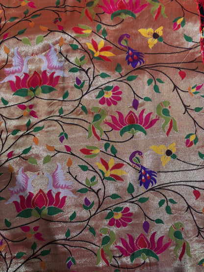 Golden Paithani Brocade Silk Flower Design Fabric ( 1 Mtr ) - Luxurion World