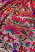 Golden Paithani Brocade Silk Flower Design Fabric ( 1 Mtr ) - Luxurion World