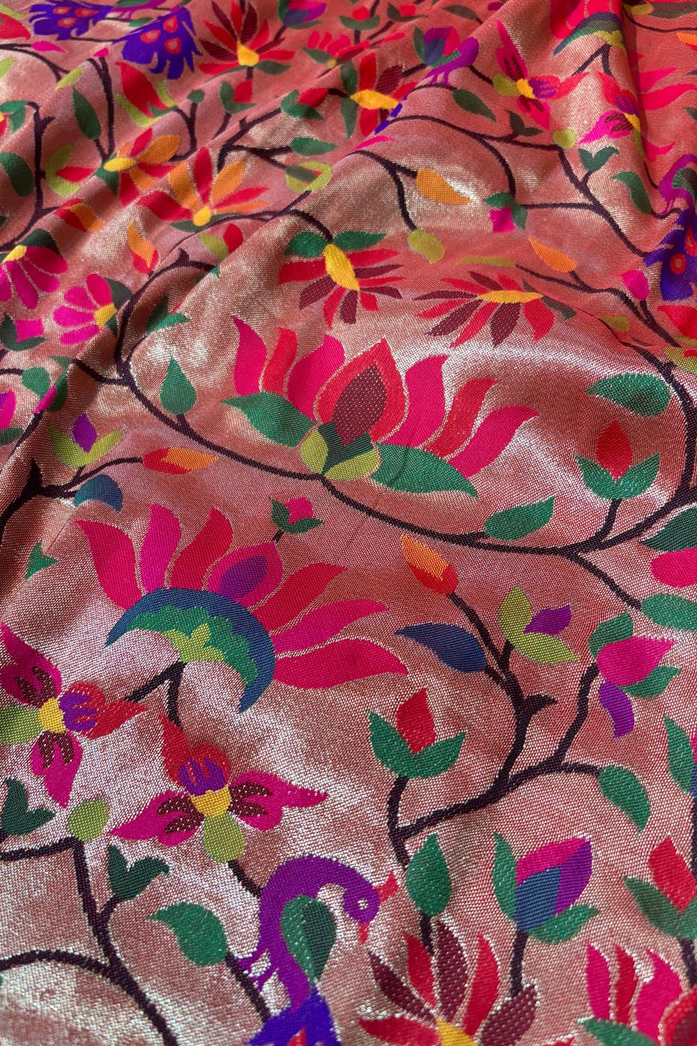 Golden Paithani Brocade Silk Flower Design Fabric ( 1 Mtr ) - Luxurion World