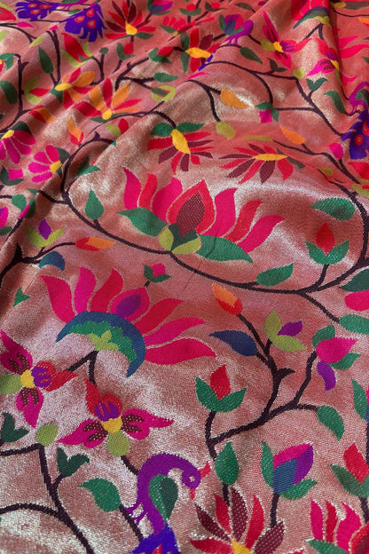 Golden Paithani Brocade Silk Flower Design Fabric ( 1 Mtr ) - Luxurion World