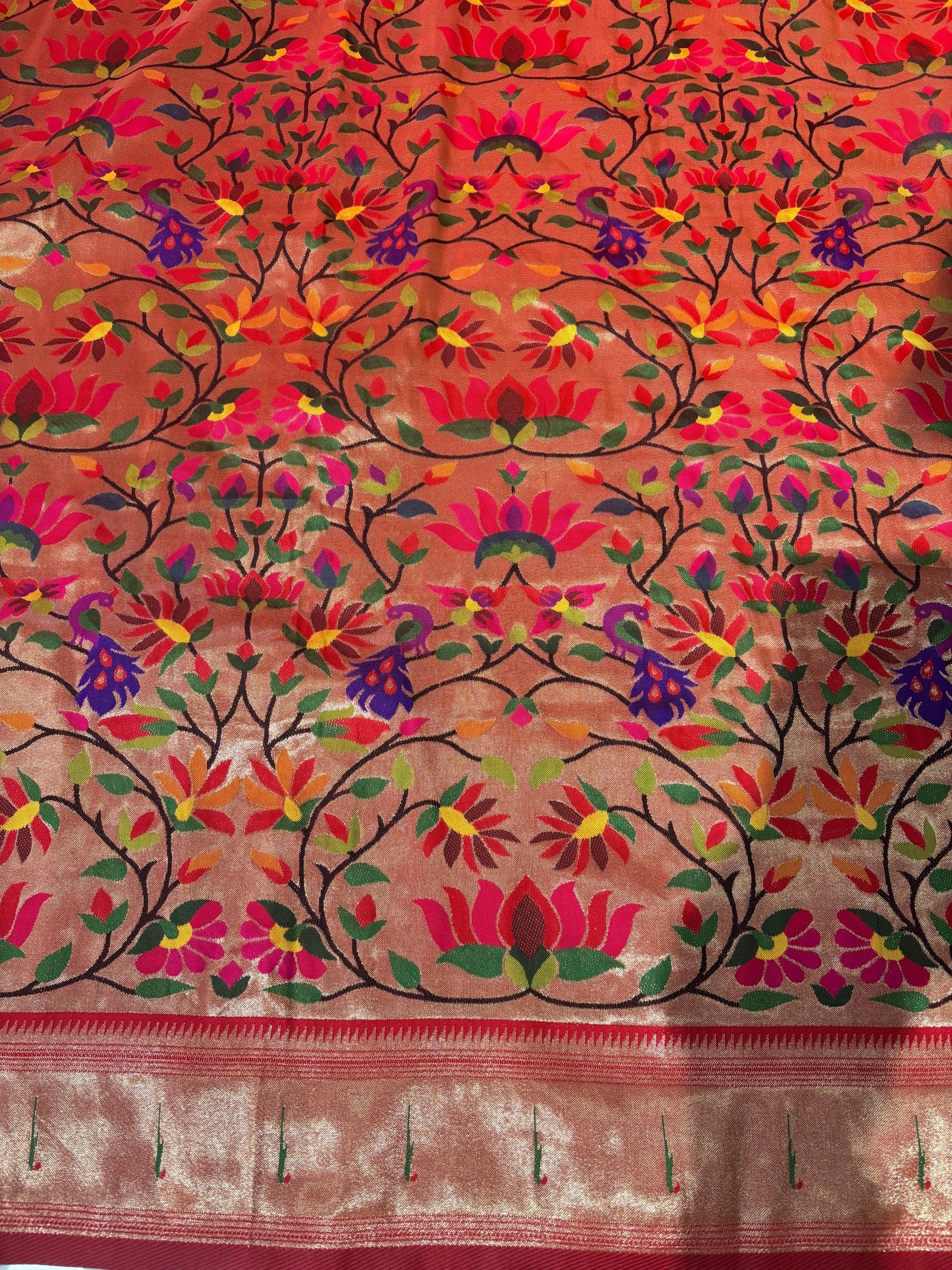 Golden Paithani Brocade Silk Flower Design Fabric ( 1 Mtr ) - Luxurion World