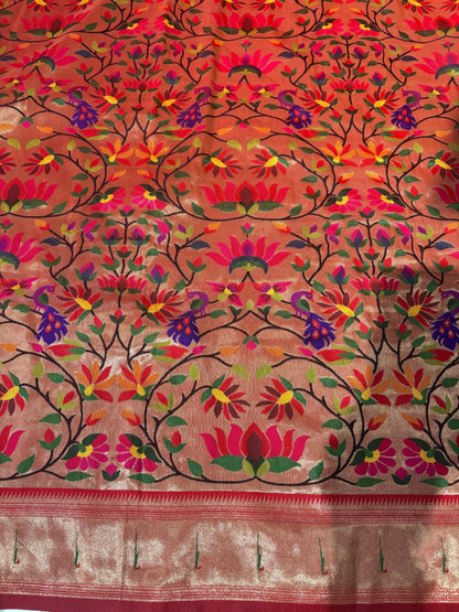 Golden Paithani Brocade Silk Flower Design Fabric ( 1 Mtr ) - Luxurion World