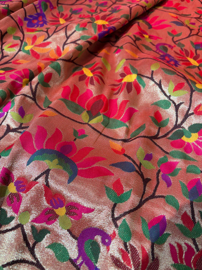 Golden Paithani Brocade Silk Flower Design Fabric ( 1 Mtr ) - Luxurion World