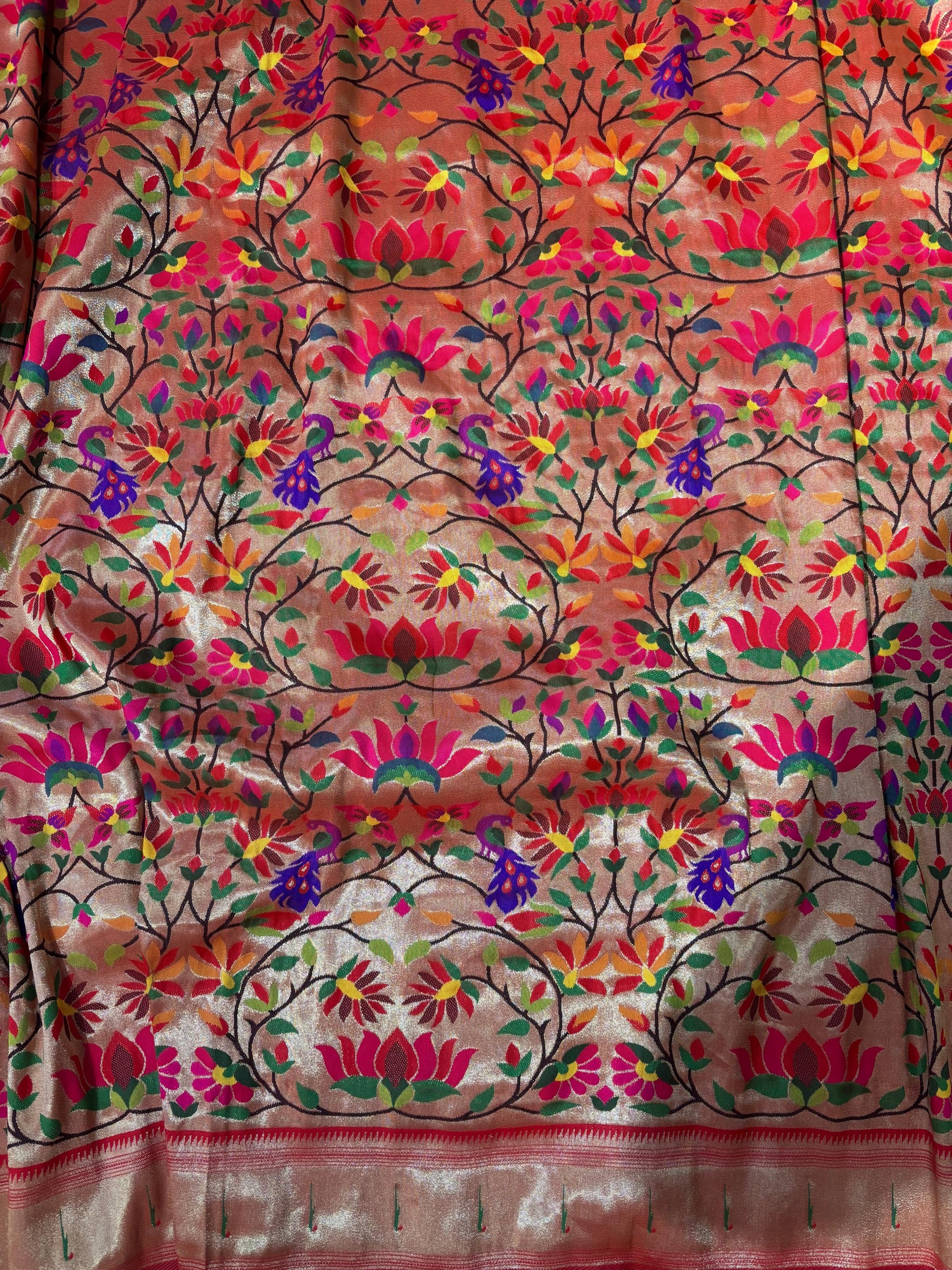 Golden Paithani Brocade Silk Flower Design Fabric ( 1 Mtr ) - Luxurion World