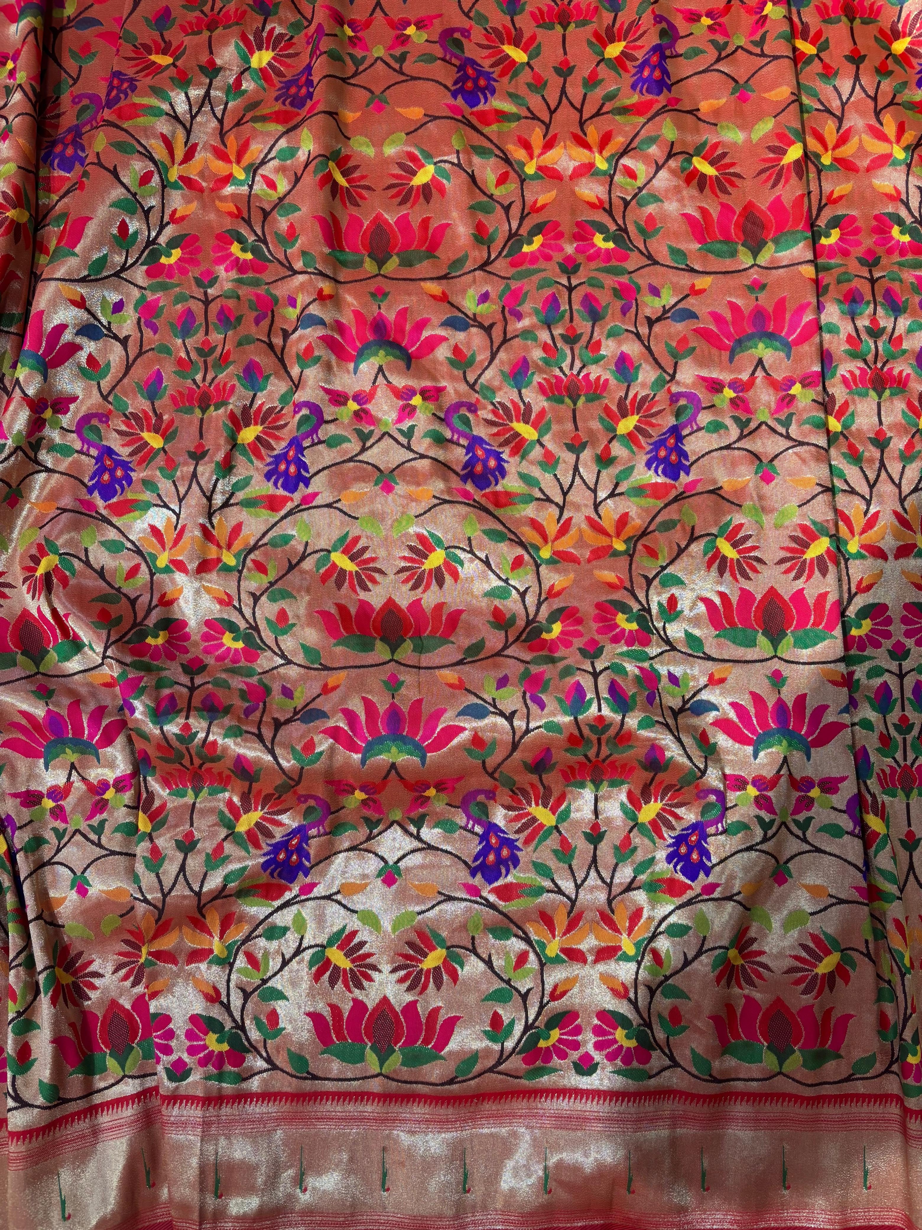 Golden Paithani Brocade Silk Flower Design Fabric ( 1 Mtr ) - Luxurion World