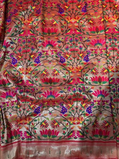 Golden Paithani Brocade Silk Flower Design Fabric ( 1 Mtr ) - Luxurion World