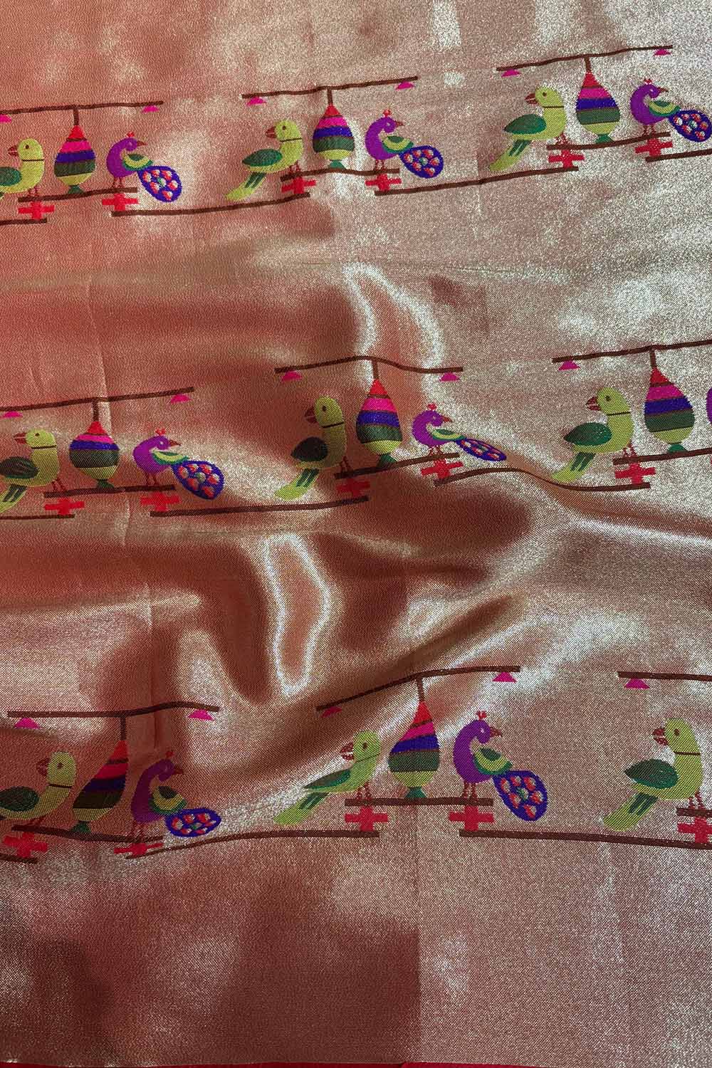 Golden Paithani Brocade Silk Peacock & Parrot Fabric (1 Mtr) - Luxurion World
