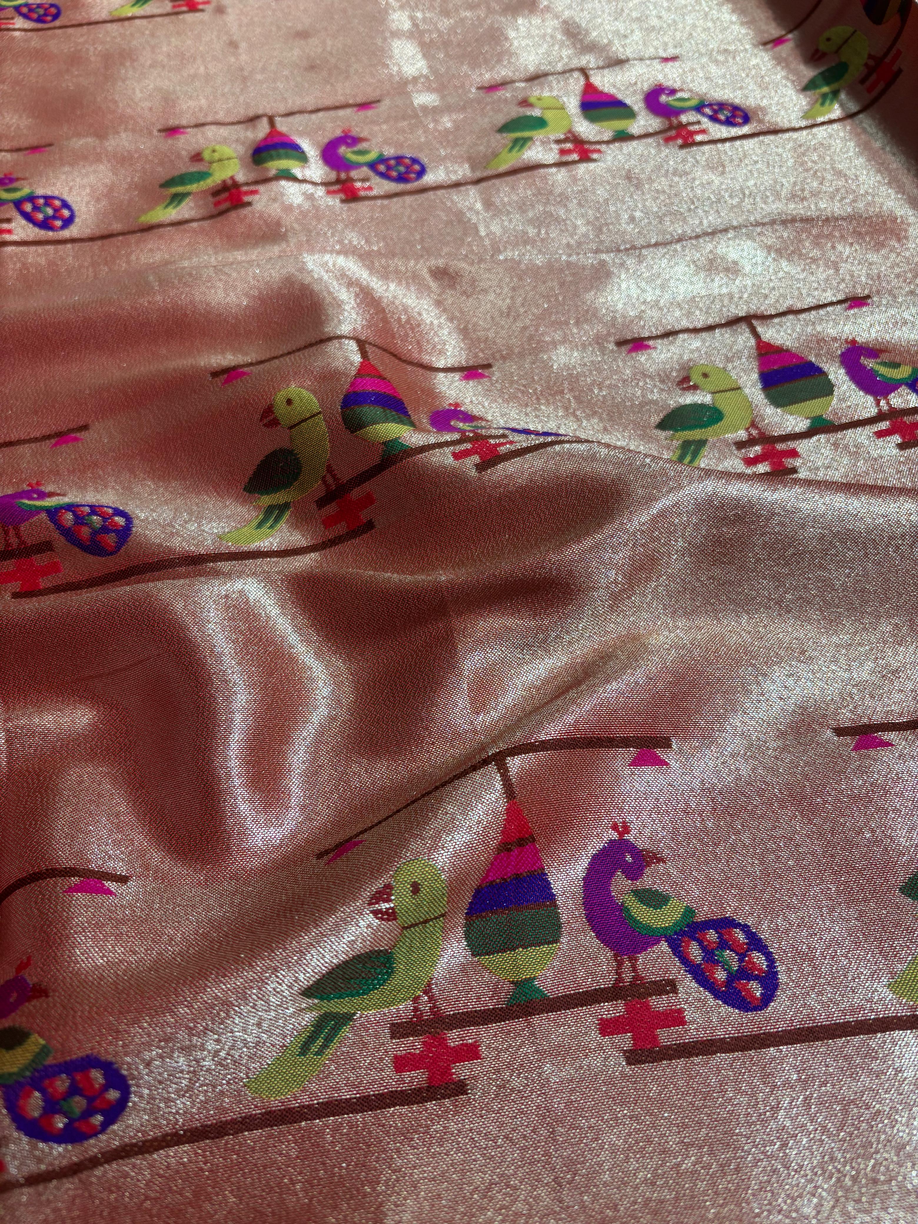 Golden Paithani Brocade Silk Peacock & Parrot Fabric (1 Mtr) - Luxurion World