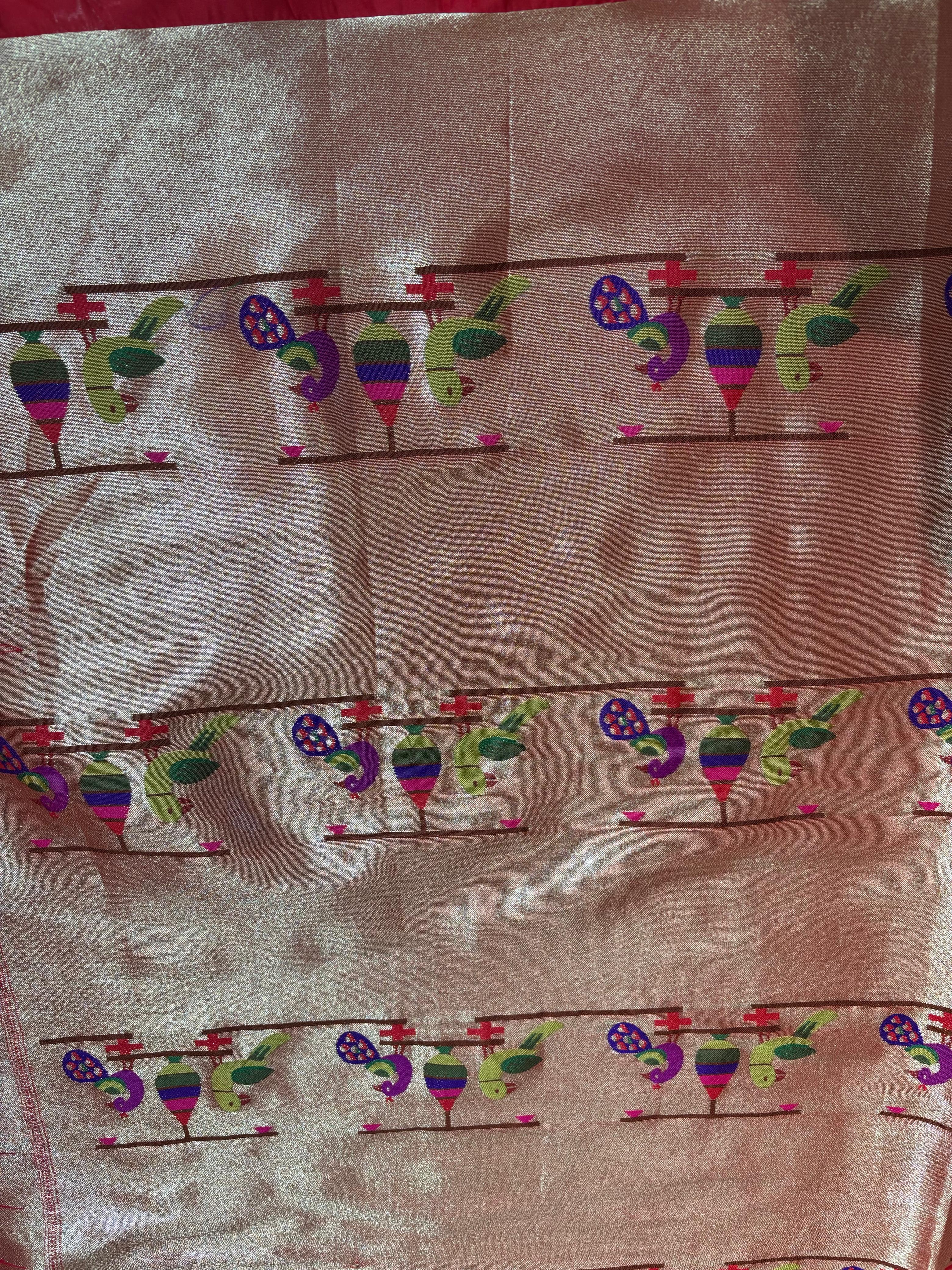 Golden Paithani Brocade Silk Peacock & Parrot Fabric (1 Mtr) - Luxurion World