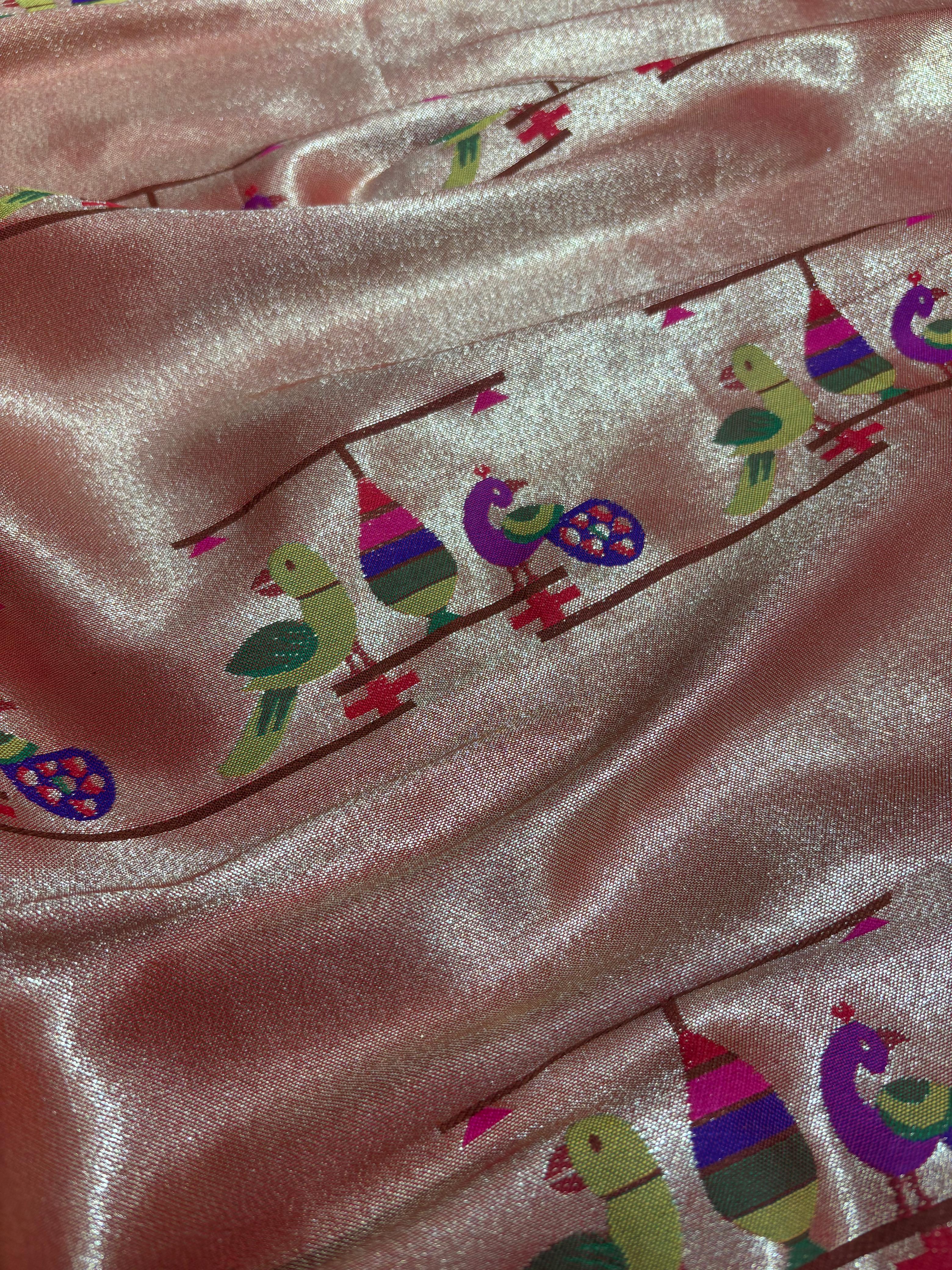 Golden Paithani Brocade Silk Peacock & Parrot Fabric (1 Mtr) - Luxurion World