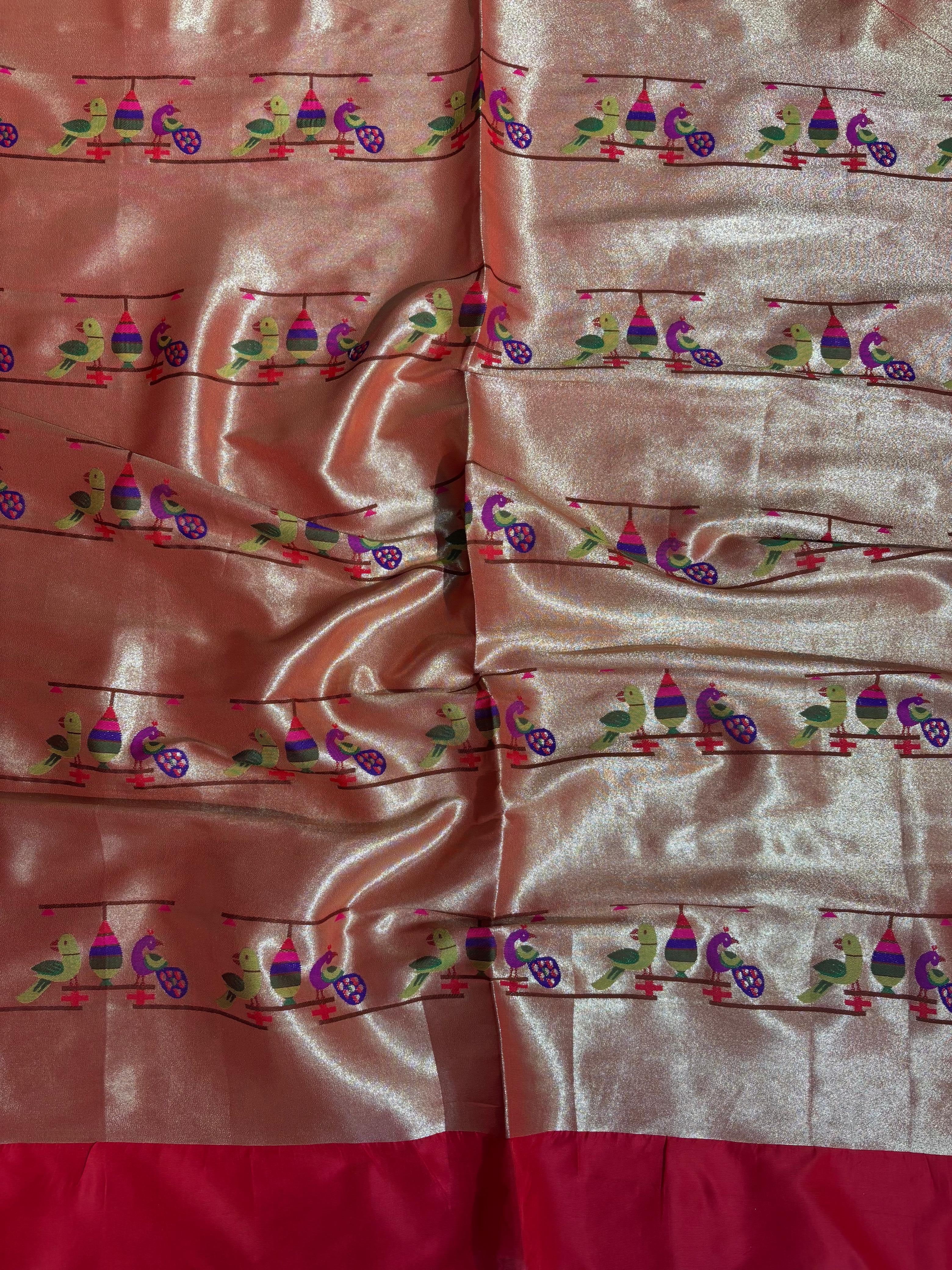 Golden Paithani Brocade Silk Peacock & Parrot Fabric (1 Mtr) - Luxurion World