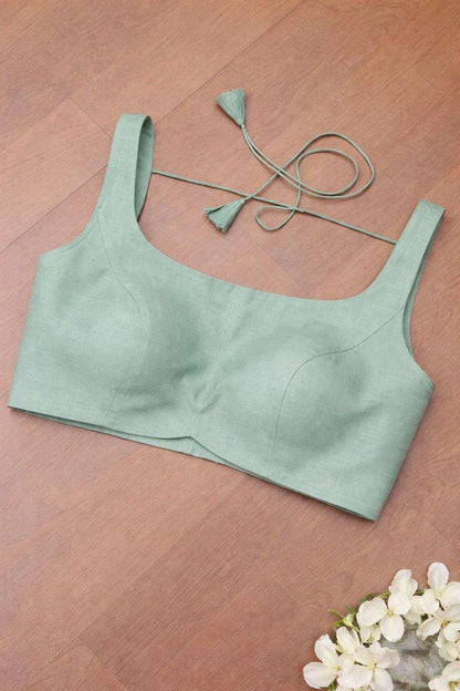Green Plain Linen Cotton Blouse Luxurion World- Crafted Heirlooms
