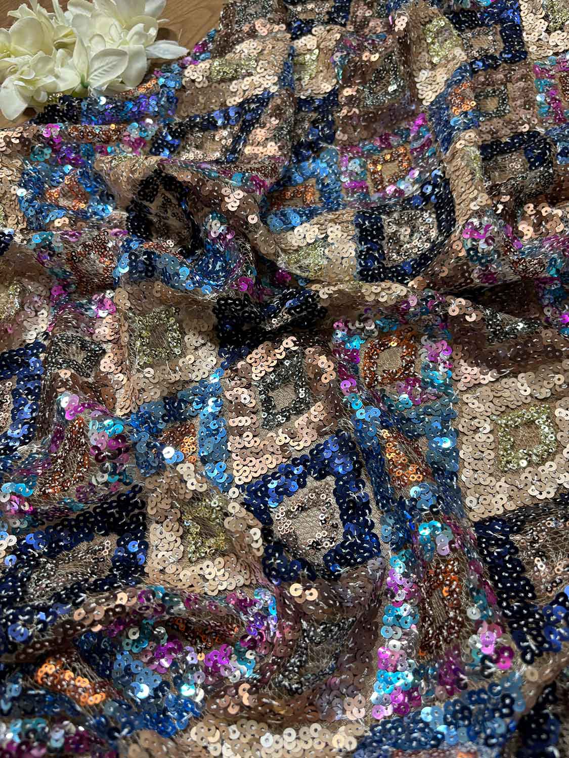 Stunning Multicolor Trendy Net Sequins Work Fabric ( 1 Mtr ) - Luxurion World