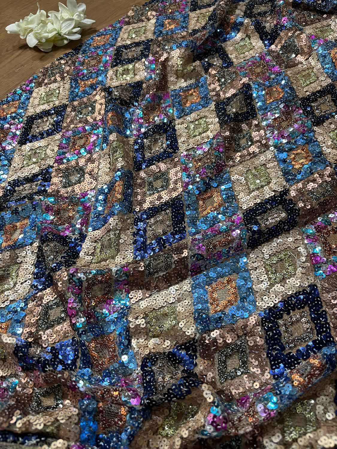 Stunning Multicolor Trendy Net Sequins Work Fabric ( 1 Mtr ) - Luxurion World