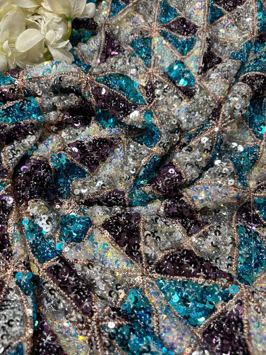 Sparkling Multicolor Trendy Net Sequins Work Fabric ( 1 Mtr ) - Luxurion World