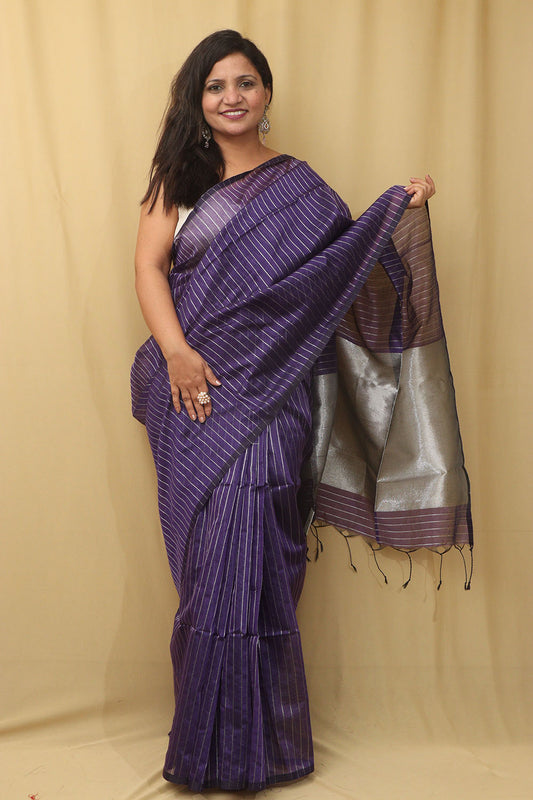 1 Min Ready To Wear - Purple Handloom Bengal Tussar Cotton Silver Zari Stripe Design Saree - Luxurion World