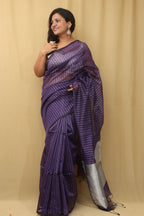 Purple Handloom Bengal Tussar Cotton Silver Zari Stripe Design Saree - Luxurion World