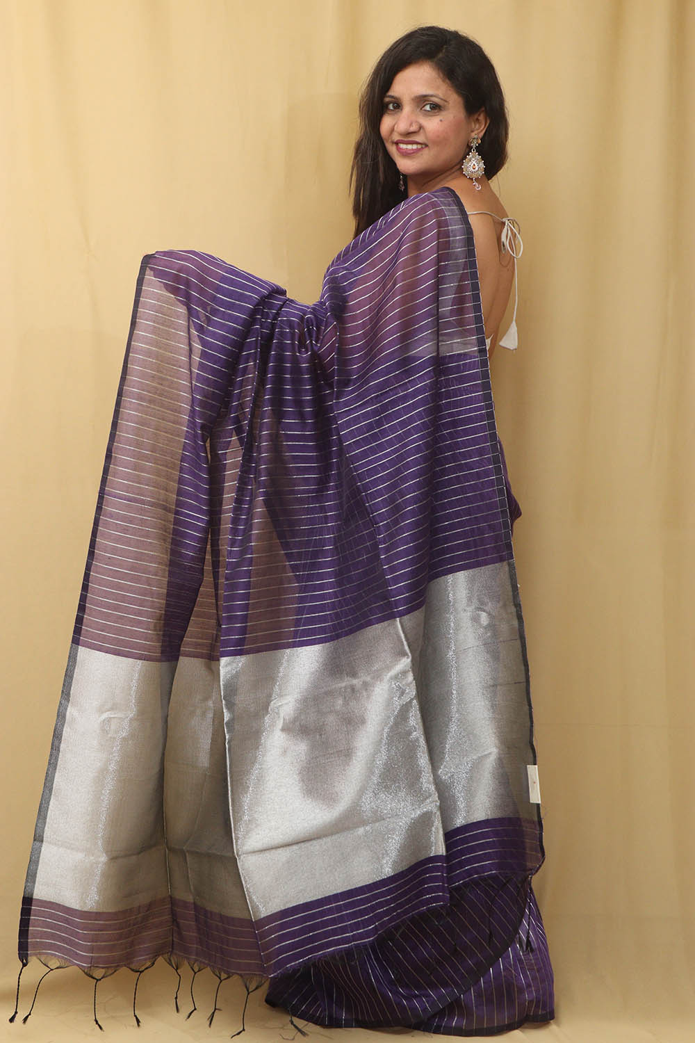 Purple Handloom Bengal Tussar Cotton Silver Zari Stripe Design Saree - Luxurion World