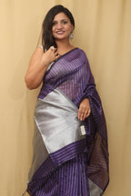 Purple Handloom Bengal Tussar Cotton Silver Zari Stripe Design Saree - Luxurion World