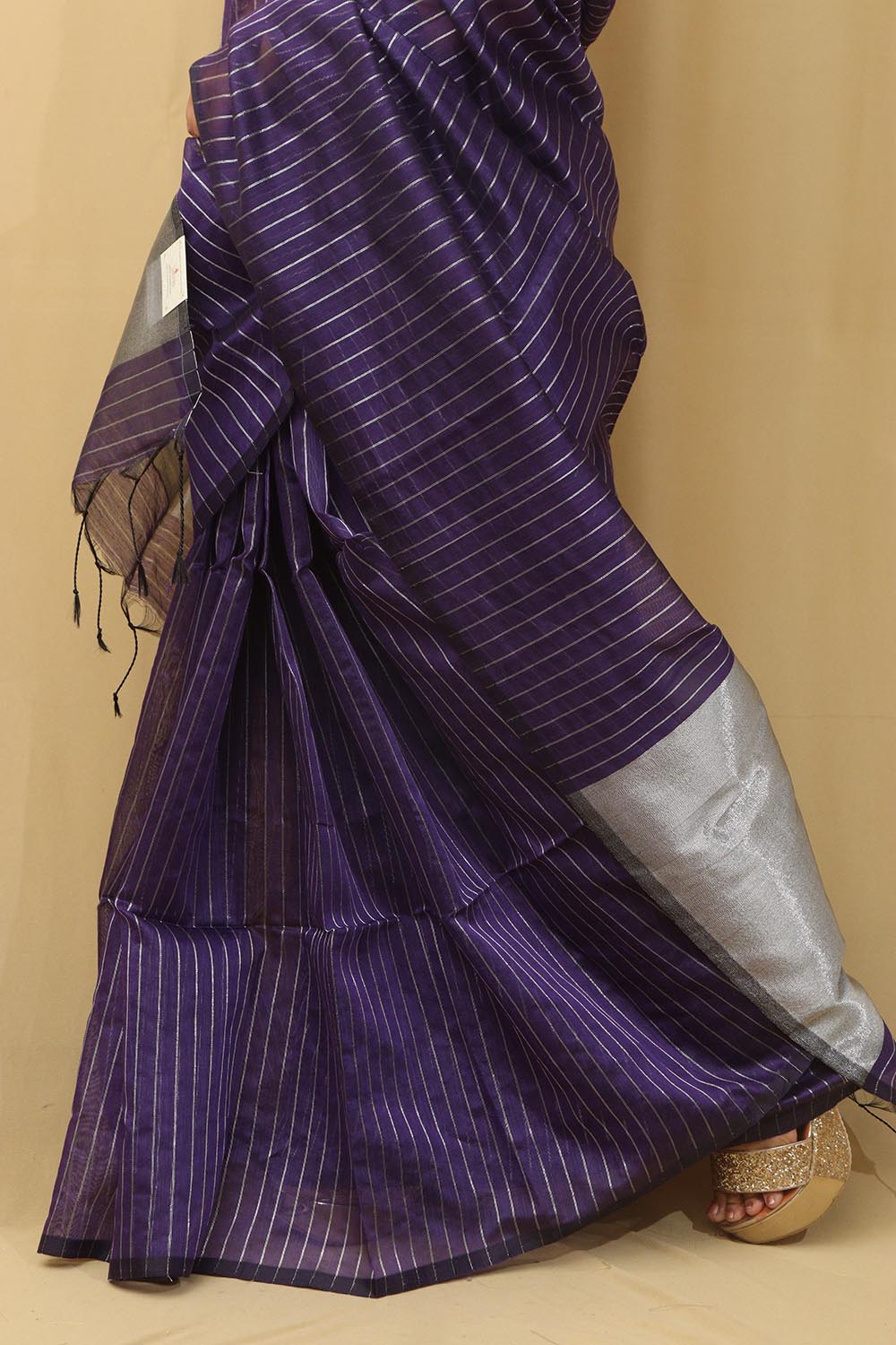 Purple Handloom Bengal Tussar Cotton Silver Zari Stripe Design Saree - Luxurion World