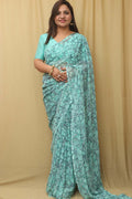 Stunning Blue Digital Printed Georgette Saree With Plain Silk Blouse Piece Fabric - Luxurion World