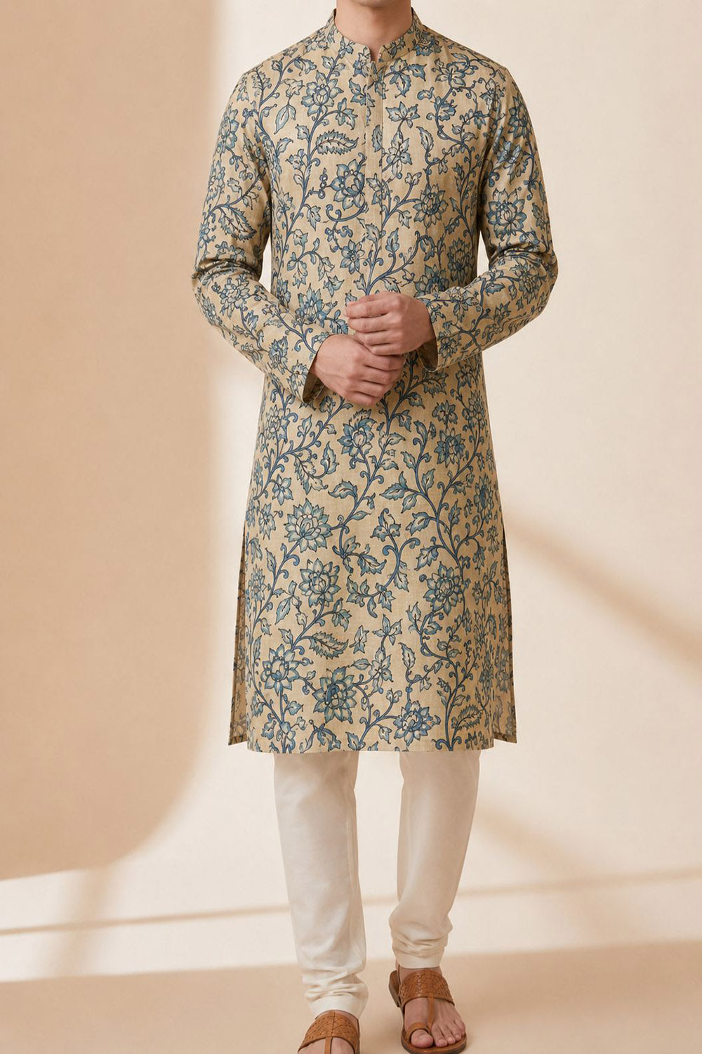 Pastel Digital Printed Kalamkari Tussar Silk Kurta