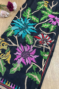 Black Hand Embroidered Kantha Bangalore Silk Unstitched Kurti - Luxurion World