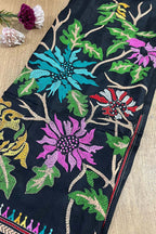 Black Hand Embroidered Kantha Bangalore Silk Unstitched Kurti - Luxurion World